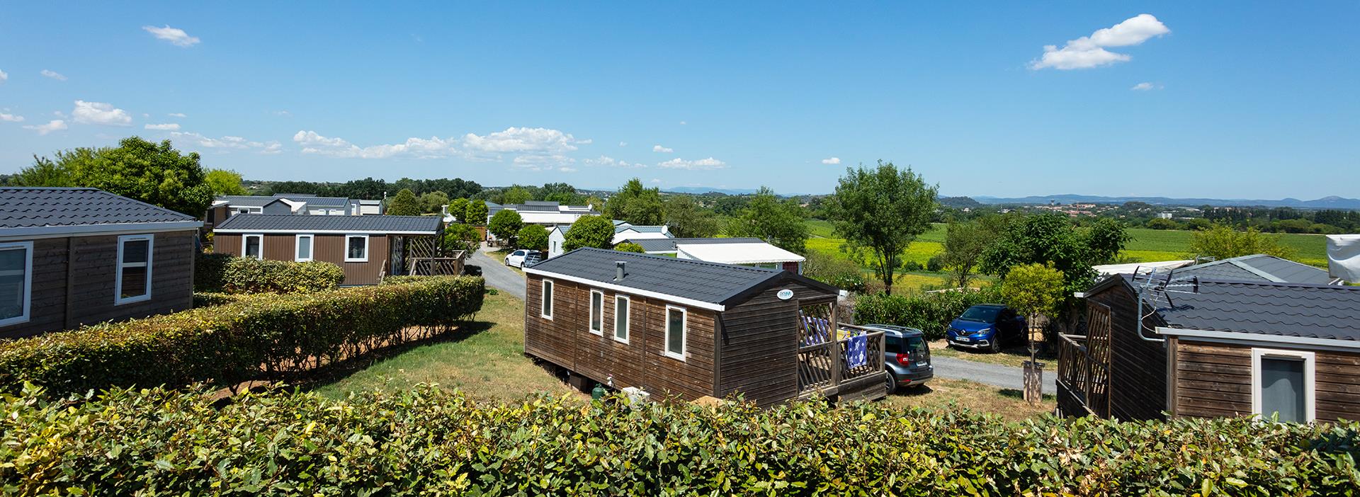 General view of the Loggia Confort 4 persons mobile home, for rent at les Amandiers campsite