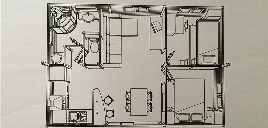 Plan of the Premium chalet, for rent at the campsite Les Amandiers in the Hérault