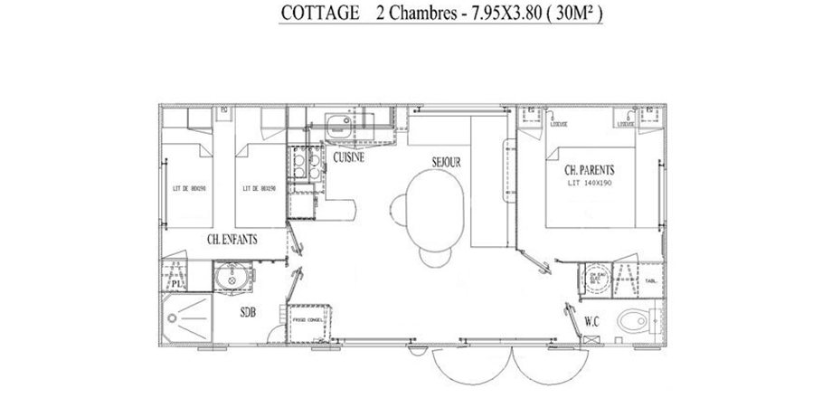 Plan of the Cottage mobil home, for rent at the campsite Les Amandiers in the Hérault