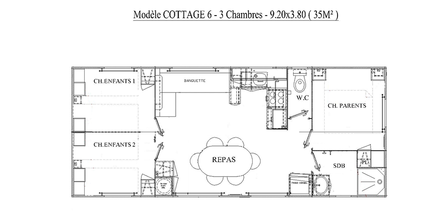 Plan of the Cottage 3 bedroom mobil home, for rent at the campsite Les Amandiers in the Hérault