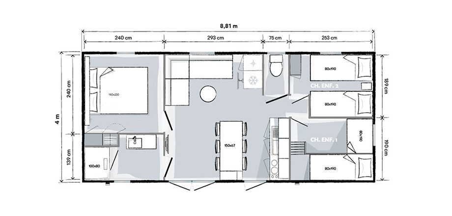 Plan of the Family mobil home, for rent at the campsite Les Amandiers in the Hérault