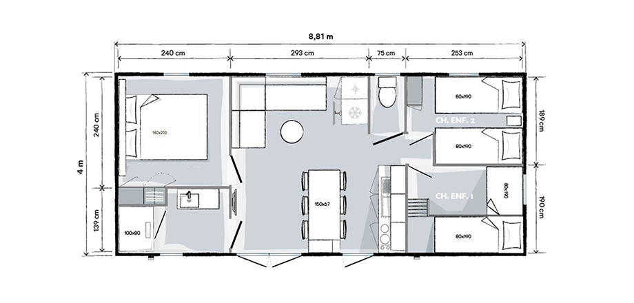 Plano del mobil home Family en alquiler en el camping les Amandiers cerca de Pézenas