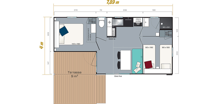 Plan du mobil-home Loggia confort 4 personnes, en location au camping les Amandiers à Castelnau de Guers