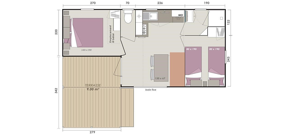 Plan of the Loggia 4 persons mobil home, for rent at the campsite Les Amandiers in Castelnau de Guers