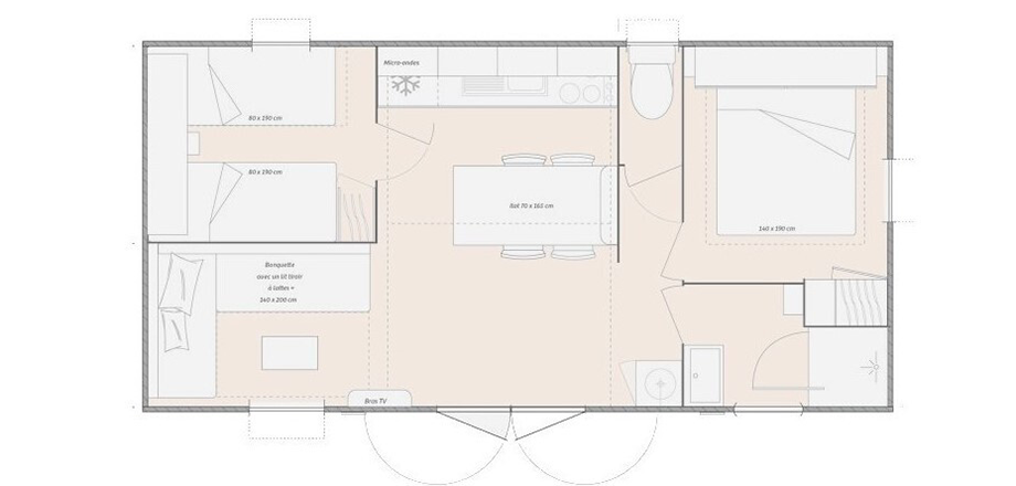 Plan van de 4-persoons stacaravan Tendance, te huur op camping Les Amandiers