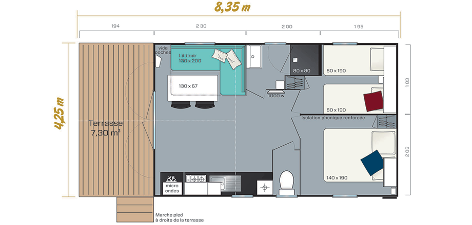 Plan of the Loggia Bay mobil home, for rent at the campsite Les Amandiers