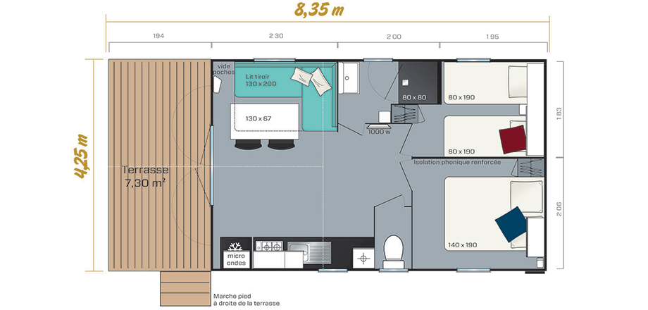 Plattegrond van de mobile home Loggia Bay, te huur op camping Les Amandiers