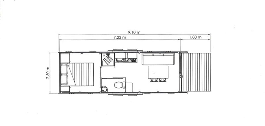 Kaart van de Arizona caravan, buitengewone accommodatie te huur op camping Les Amandiers in Hérault