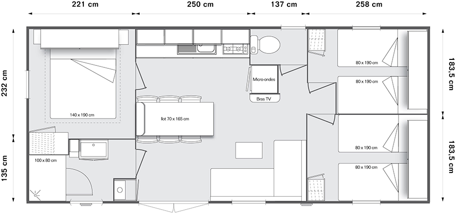 Plan of the Tendance 3 bedroom mobil home, for rent at the campsite Les Amandiers near Pézenas