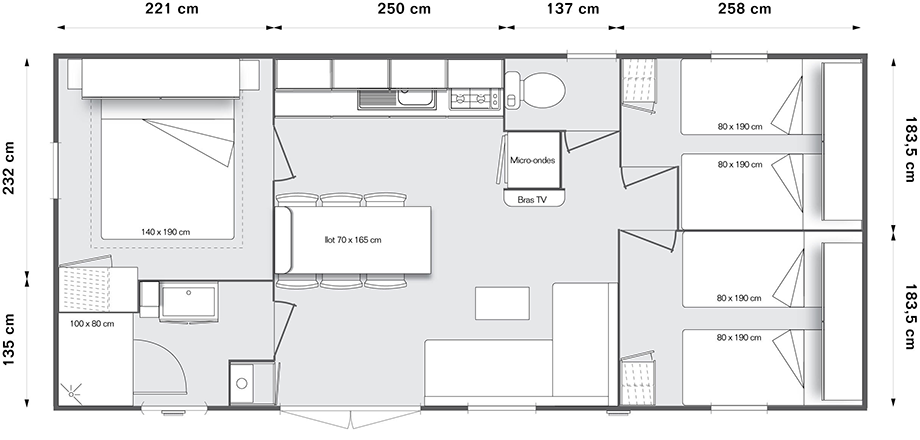 Plattegrond van de huurstacaravan Tendance 3 kamers op camping Les Amandiers bij Pézenas