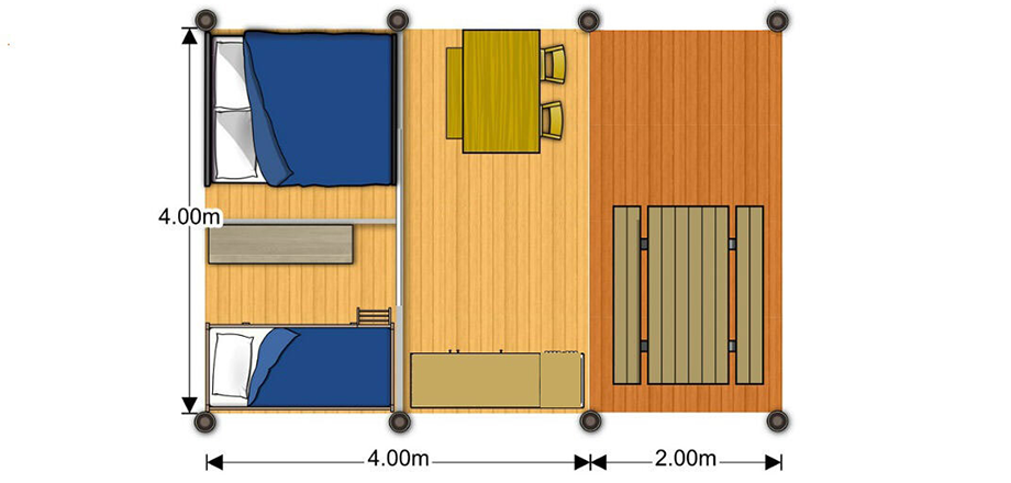 Plattegrond van de Safari tent, in een bijzondere accommodatie op de camping Les Amandiers