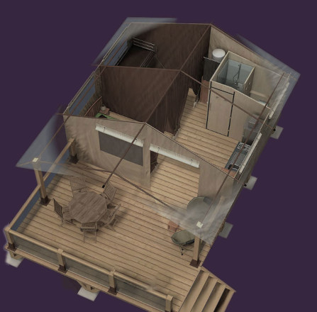 3D View of the Kenya tent, in rental unusual accommodation at camping les Amandiers in the Hérault